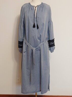 Who What Wear Blue Chambray Cotton Maxi Dress Crochet Detail w/Tassels Size: L